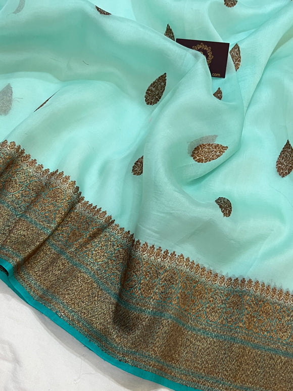 Pale Blue Banarasi Handloom Kora Silk Saree - Aura Benaras