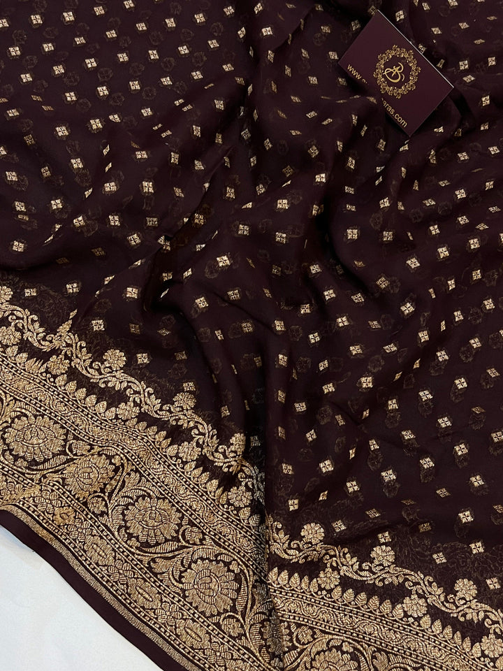 Coffee Brown Pure Banarasi Khaddi Georgette Saree - Aura Benaras