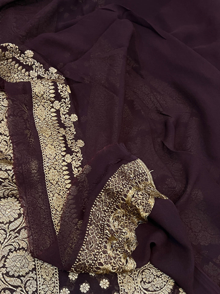 Coffee Brown Pure Banarasi Khaddi Georgette Saree - Aura Benaras