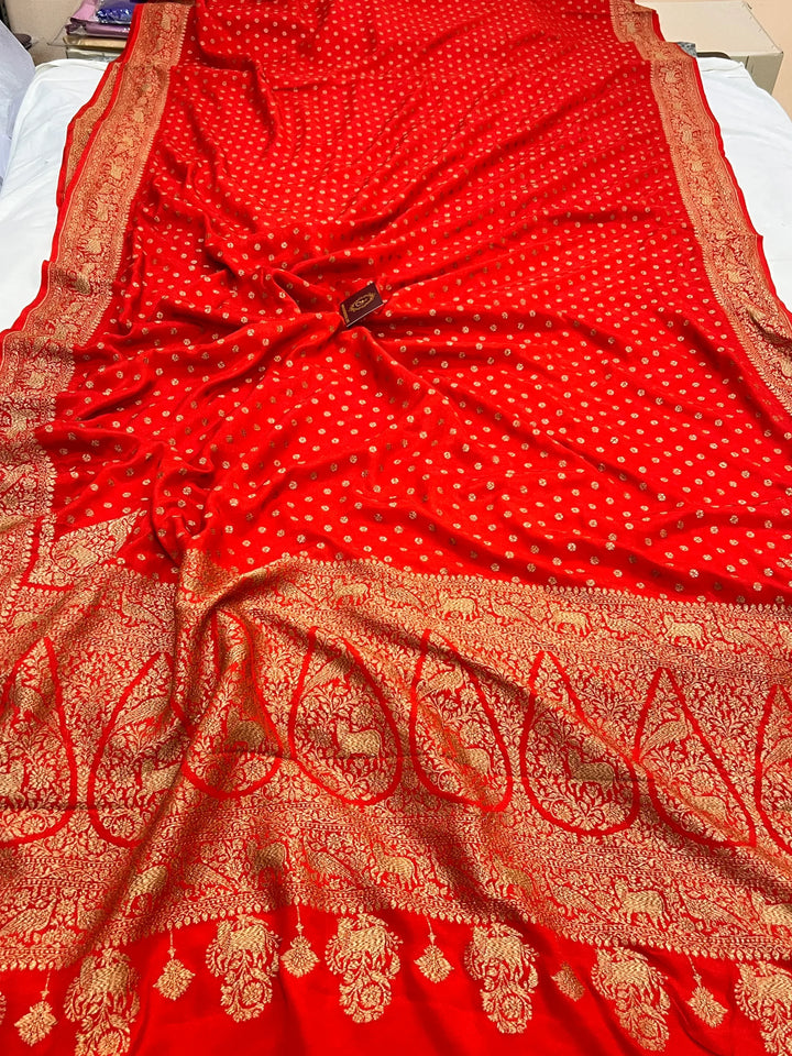 Red Pure Crepe Silk Handloom Banarasi Saree