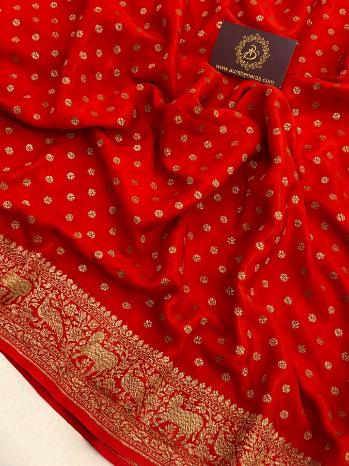 Red Pure Crepe Silk Handloom Banarasi Saree