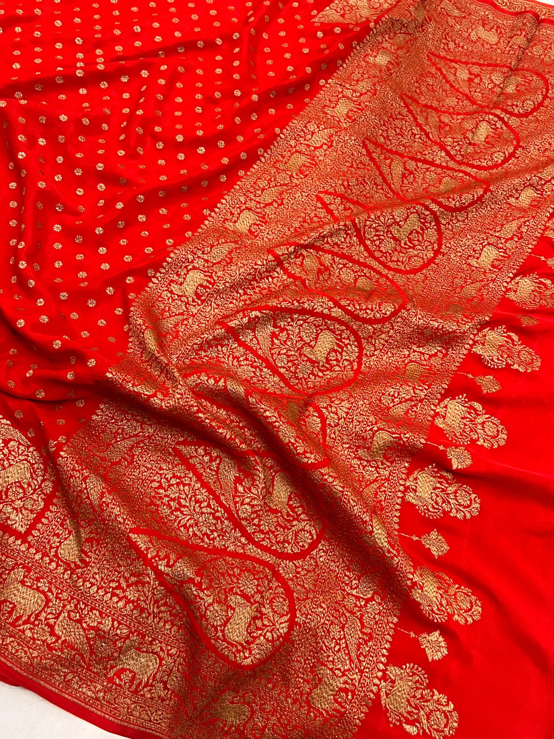 Red Pure Crepe Silk Handloom Banarasi Saree