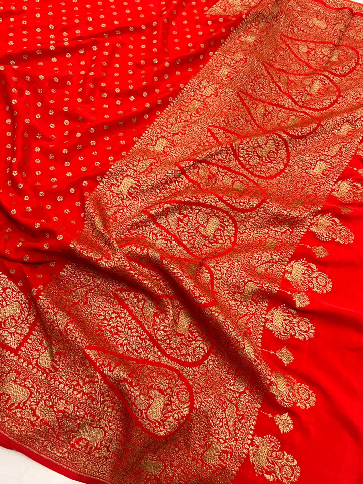 Red Pure Crepe Silk Handloom Banarasi Saree