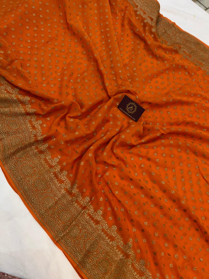 Orange Pure Banarasi Khaddi Georgette Saree - Aura Benaras