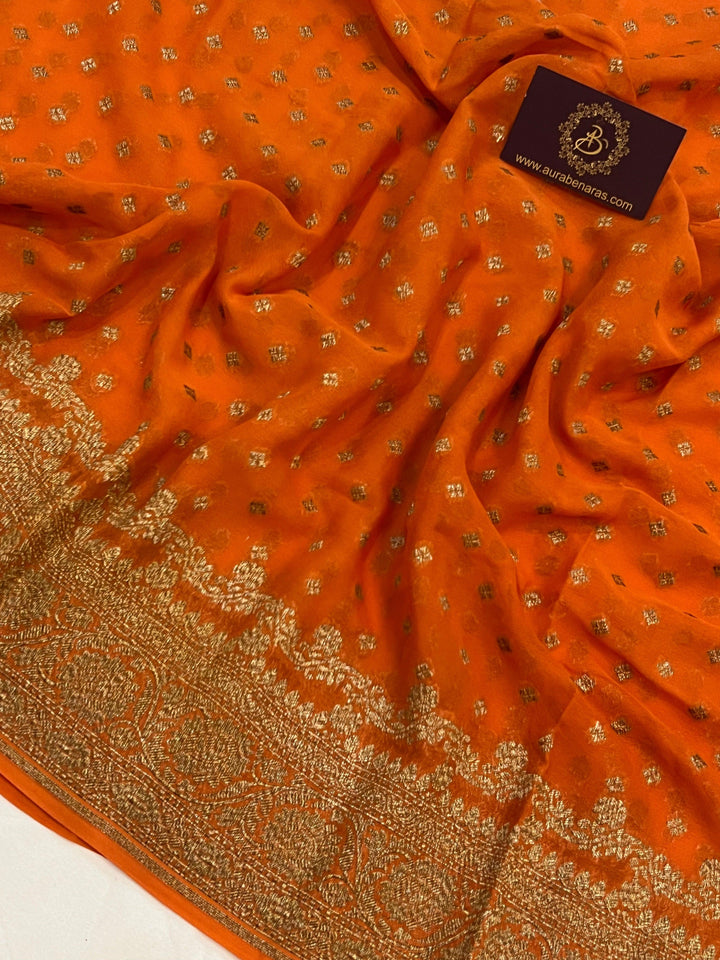 Orange Pure Banarasi Khaddi Georgette Saree - Aura Benaras