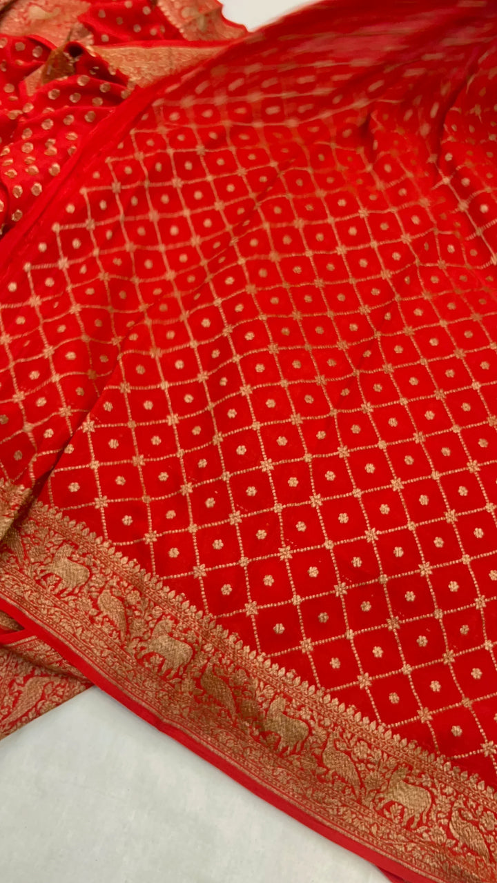 Red Pure Crepe Silk Handloom Banarasi Saree