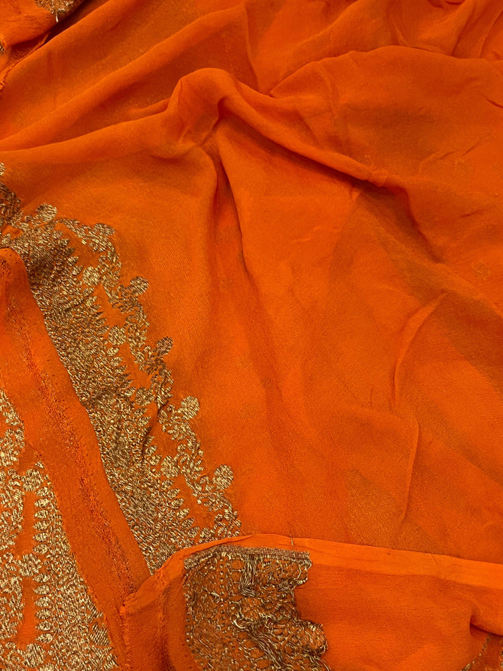 Orange Pure Banarasi Khaddi Georgette Saree - Aura Benaras