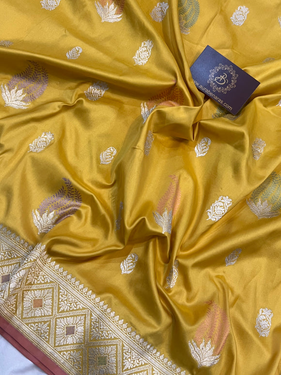 Mustard Yellow Banarasi Handloom Katan Silk Saree - Aura Benaras