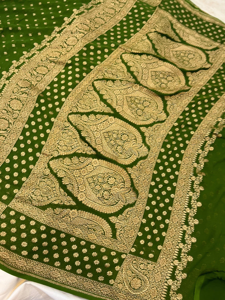 Mehendi Green Pure Banarasi Khaddi Georgette Saree - Aura Benaras