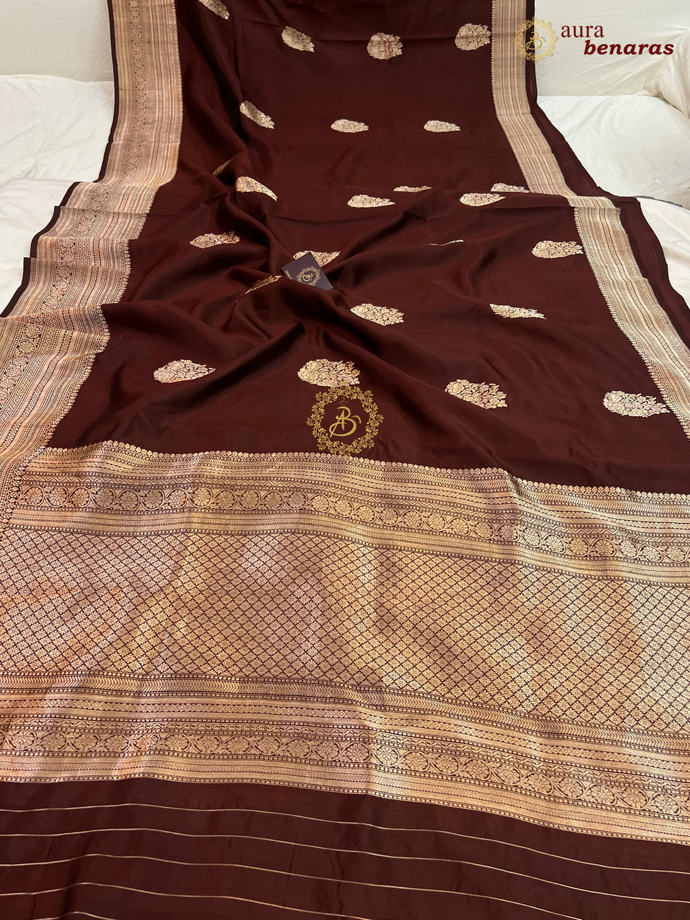 Coffee Brown Pure Silk Banarasi Saree – Kadhwa Floral Design