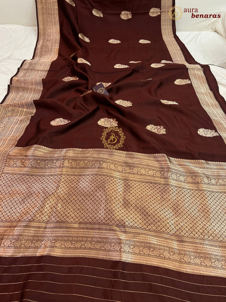 Coffee Brown Pure Silk Banarasi Saree – Kadhwa Floral Design