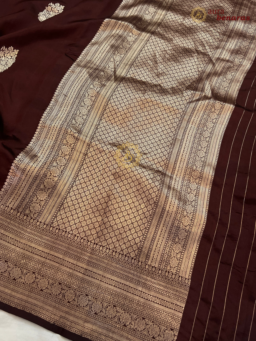 Coffee Brown Pure Silk Banarasi Saree – Kadhwa Floral Design