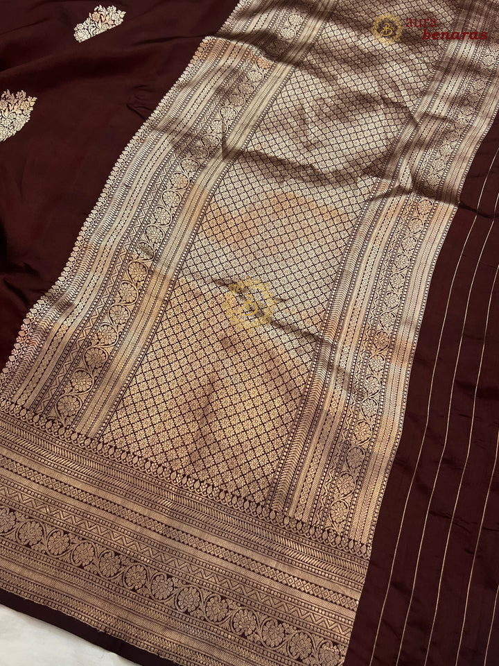 Coffee Brown Pure Silk Banarasi Saree – Kadhwa Floral Design