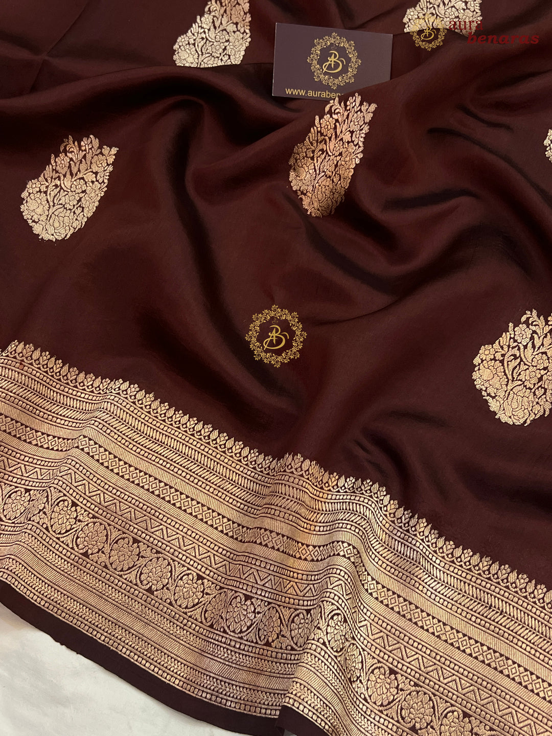 Coffee Brown Pure Silk Banarasi Saree – Kadhwa Floral Design