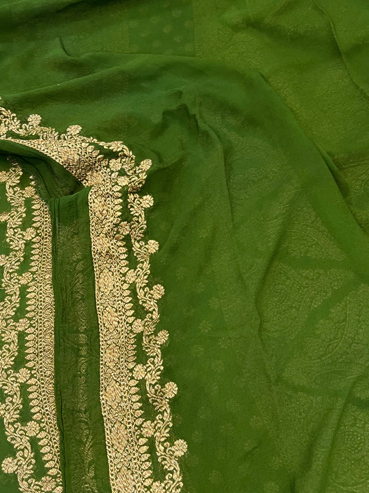 Mehendi Green Pure Banarasi Khaddi Georgette Saree - Aura Benaras