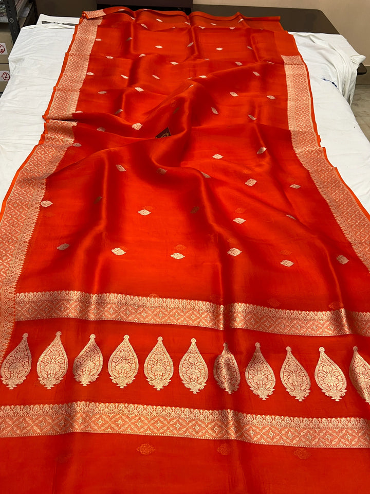 Orange Pure Kora Silk Handloom Banarasi Saree