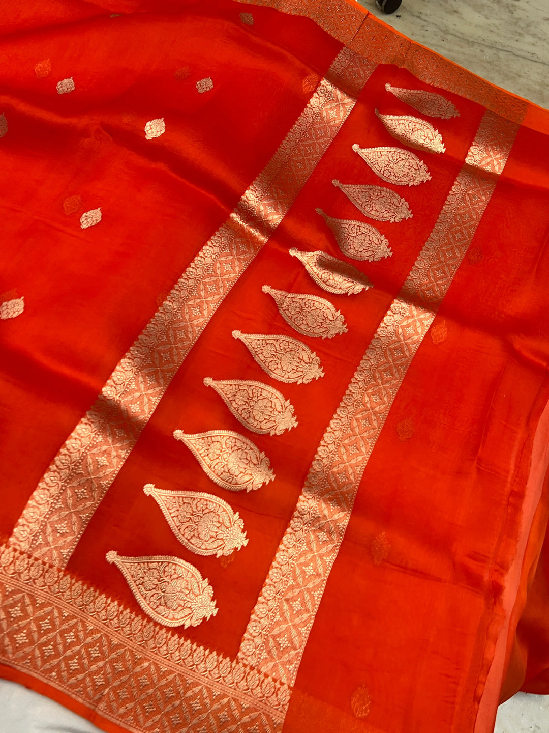 Orange Pure Kora Silk Handloom Banarasi Saree