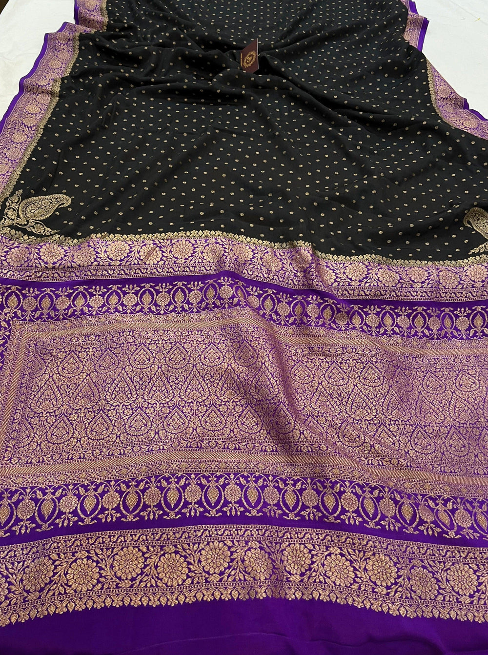 Black Pure Banarasi Khaddi Crepe Silk Saree - Aura Benaras