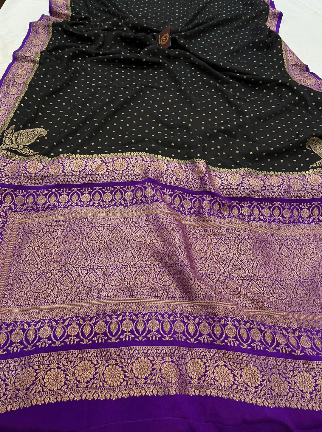 Black Pure Banarasi Khaddi Crepe Silk Saree - Aura Benaras