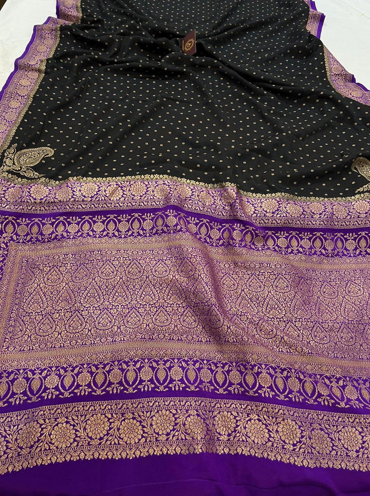 Black Pure Banarasi Khaddi Crepe Silk Saree - Aura Benaras