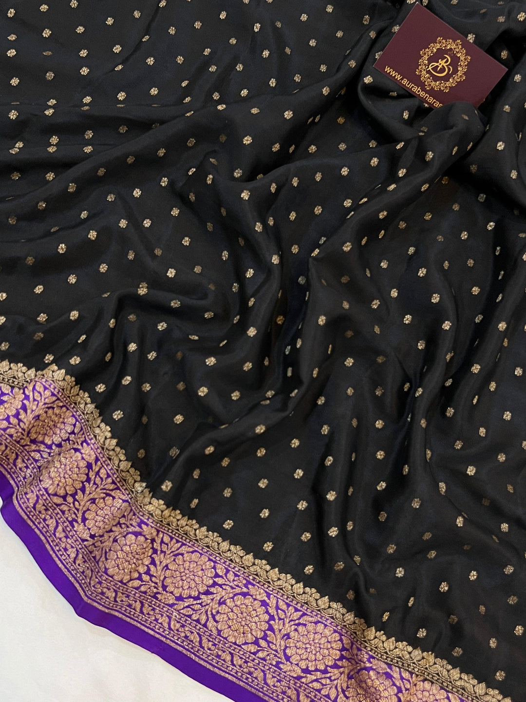 Black Pure Banarasi Khaddi Crepe Silk Saree - Aura Benaras