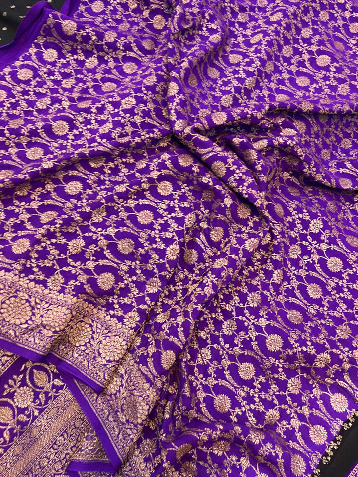 Black Pure Banarasi Khaddi Crepe Silk Saree - Aura Benaras