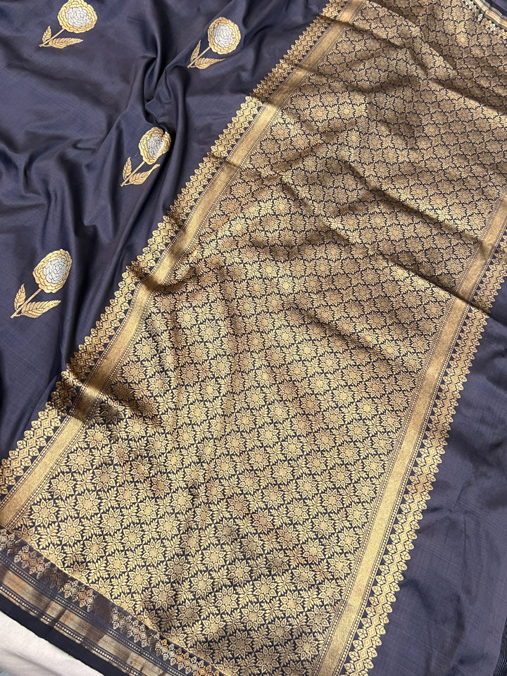 Gray Pure Katan Silk Handloom Banarasi Saree