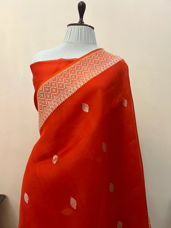 Orange Pure Kora Silk Handloom Banarasi Saree