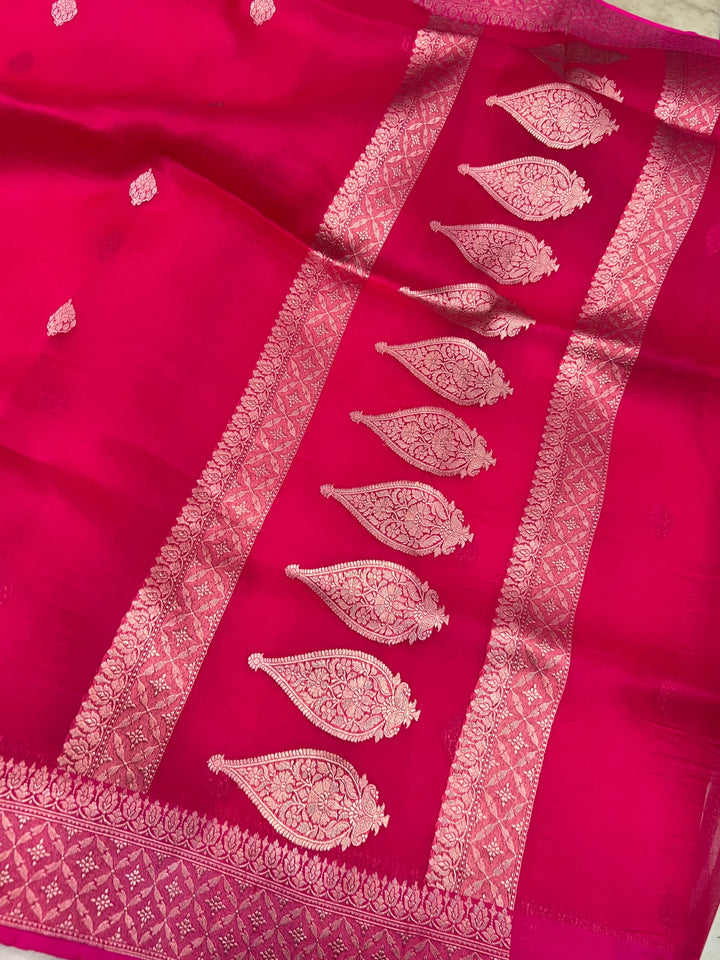 Rani Pink Pure Kora Silk Handloom Banarasi Saree