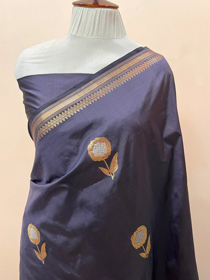 Gray Pure Katan Silk Handloom Banarasi Saree