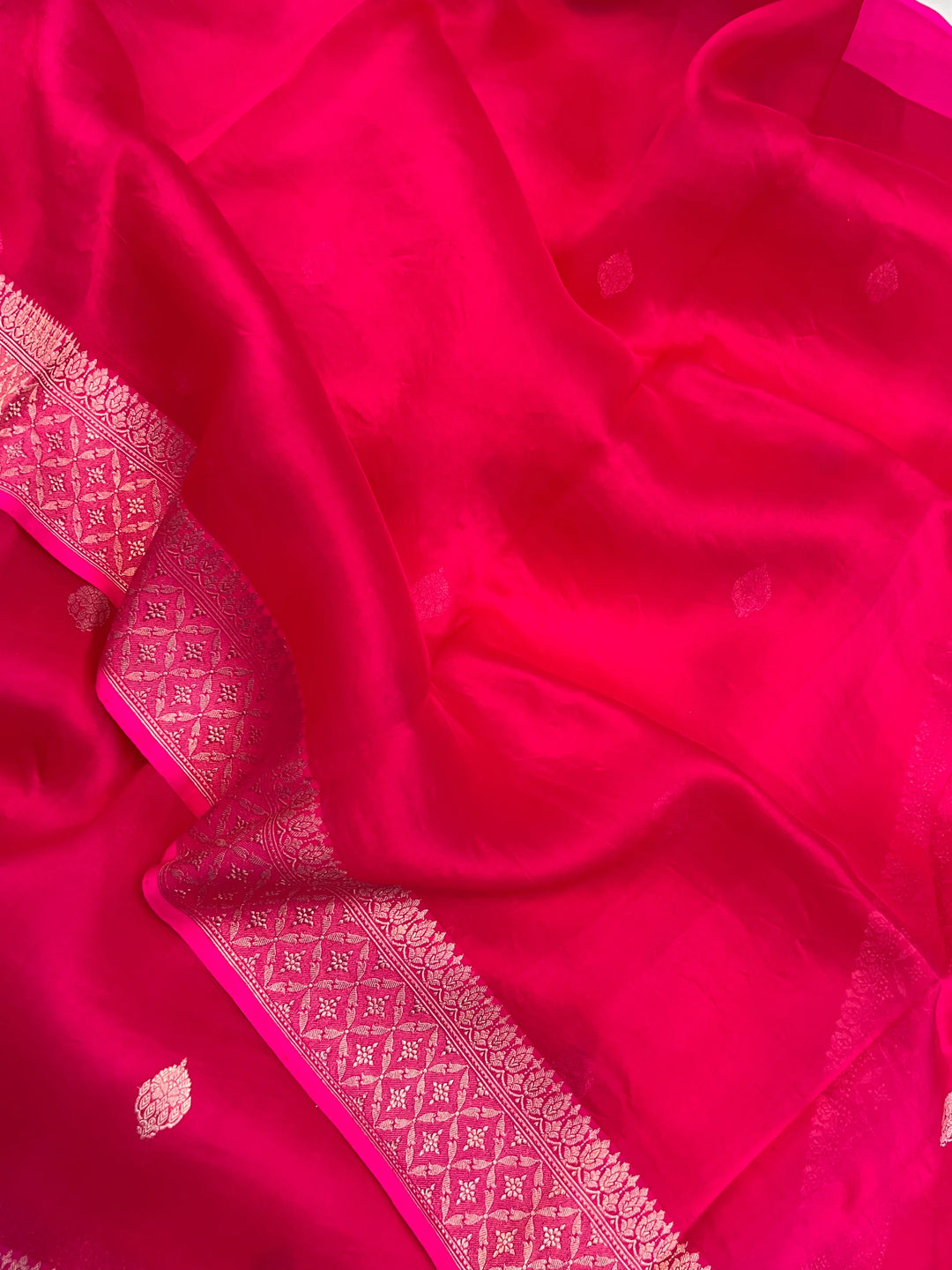 Rani Pink Pure Kora Silk Handloom Banarasi Saree