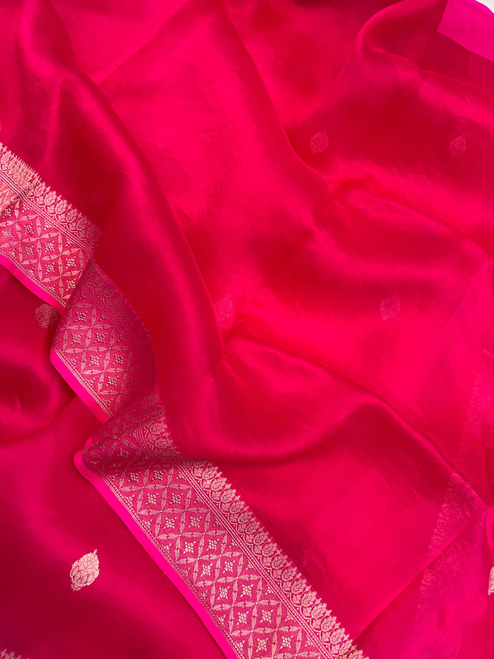 Rani Pink Pure Kora Silk Handloom Banarasi Saree