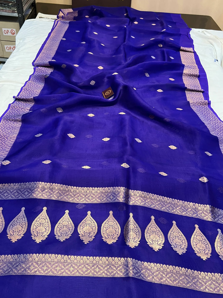 Royal Blue Pure Kora Silk Handloom Banarasi Saree