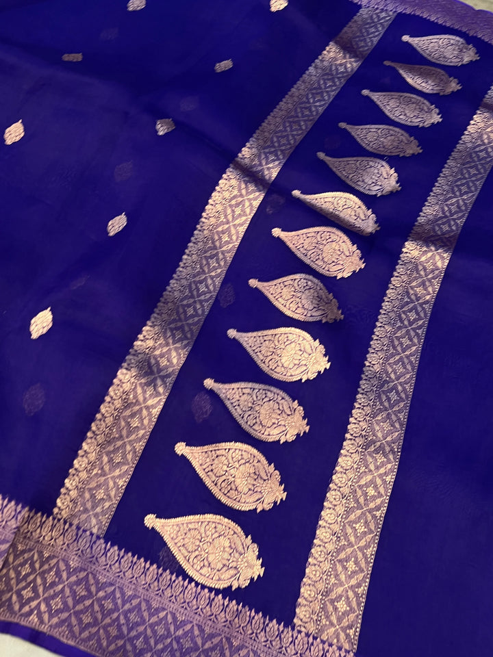 Royal Blue Pure Kora Silk Handloom Banarasi Saree