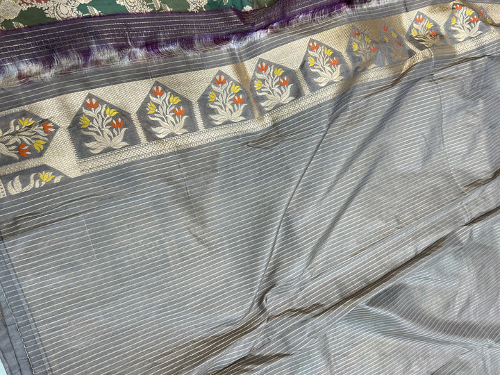 Buy Light Grey Rangkaat Banarasi Katan Silk Saree - AuraBenaras