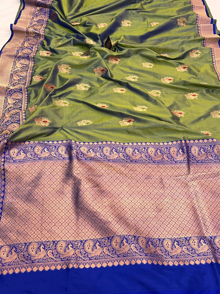 Dusty Pista Green Pure Katan Silk Handloom Banarasi Saree