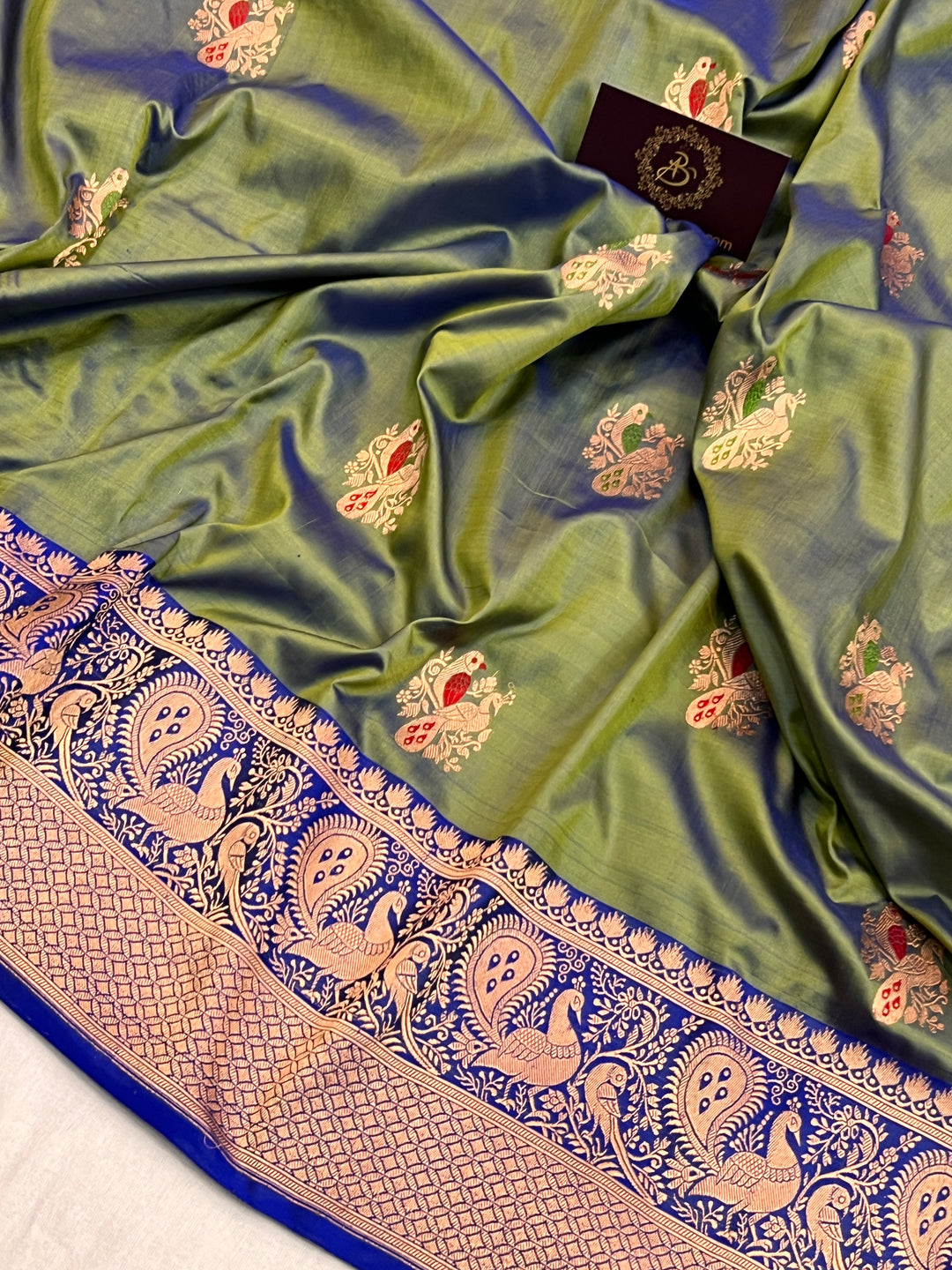 Dusty Pista Green Pure Katan Silk Handloom Banarasi Saree