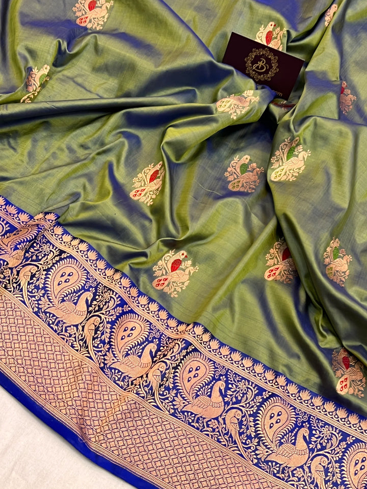 Dusty Pista Green Pure Katan Silk Handloom Banarasi Saree