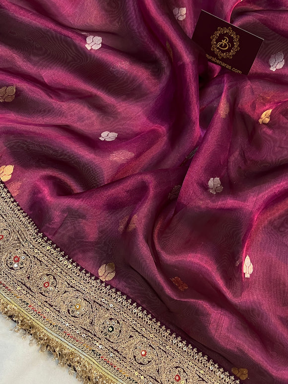 Wine Pure Banarasi Handloom Tissue Silk Saree - Aura Benaras