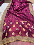 Wine Pure Banarasi Handloom Tissue Silk Saree - Aura Benaras