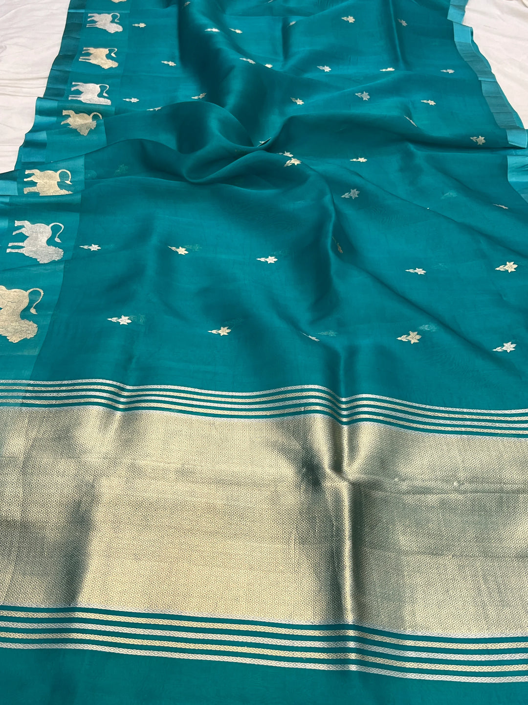 Sage Blue Pure Kora Silk Handloom Banarasi Saree