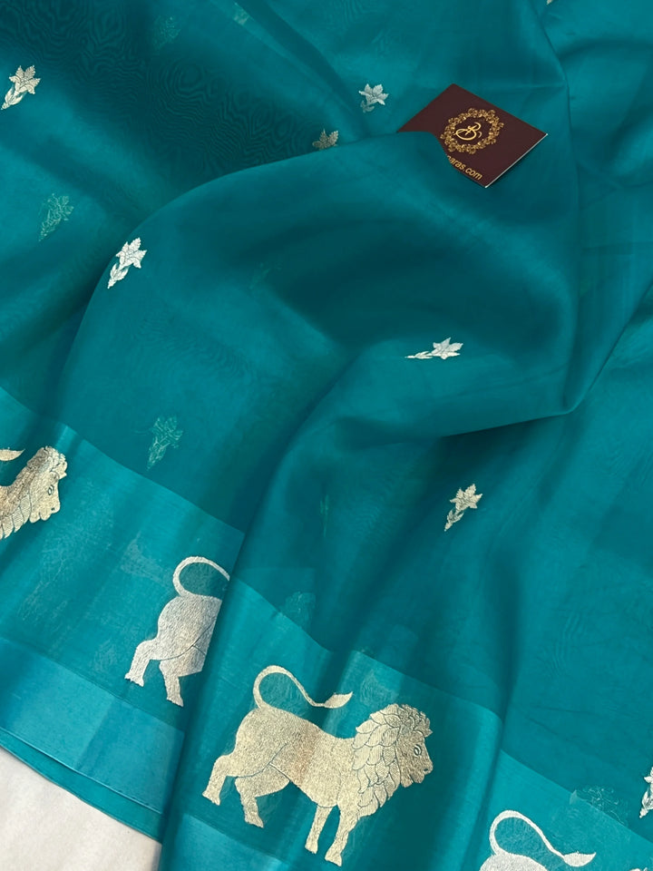 Sage Blue Pure Kora Silk Handloom Banarasi Saree