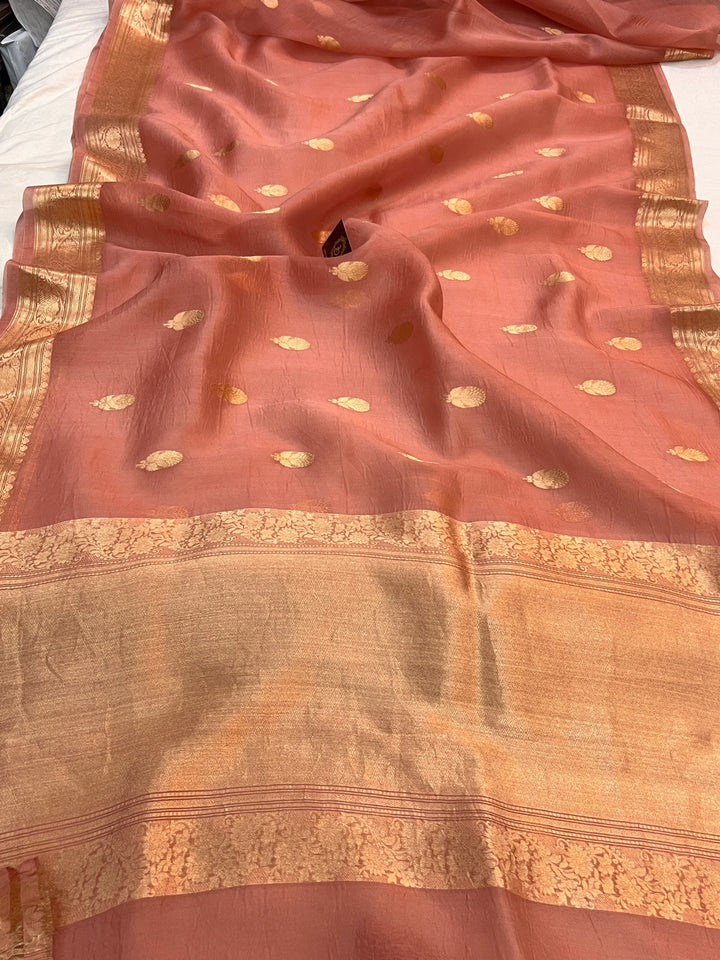Rose Pink Banarasi Handloom Kora Silk Saree