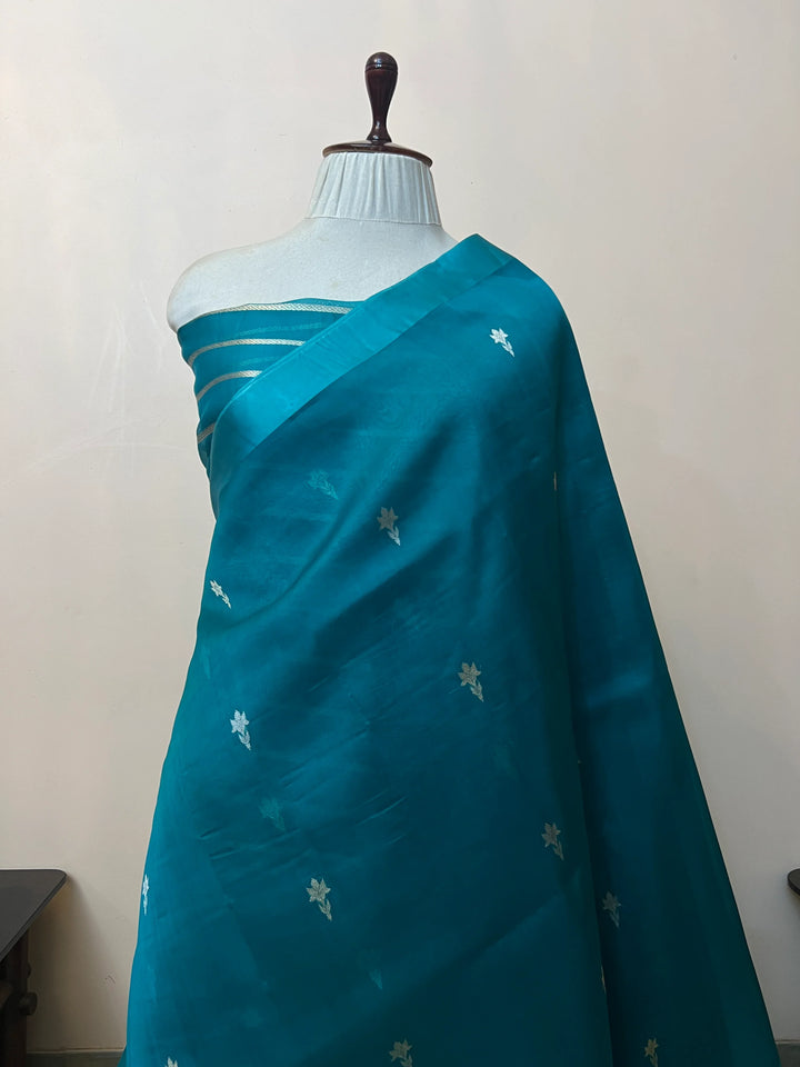 Sage Blue Pure Kora Silk Handloom Banarasi Saree