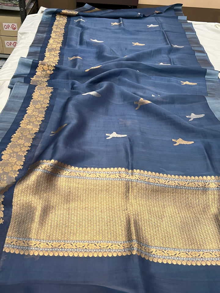 Sage Blue Pure Kora Silk Handloom Banarasi Saree