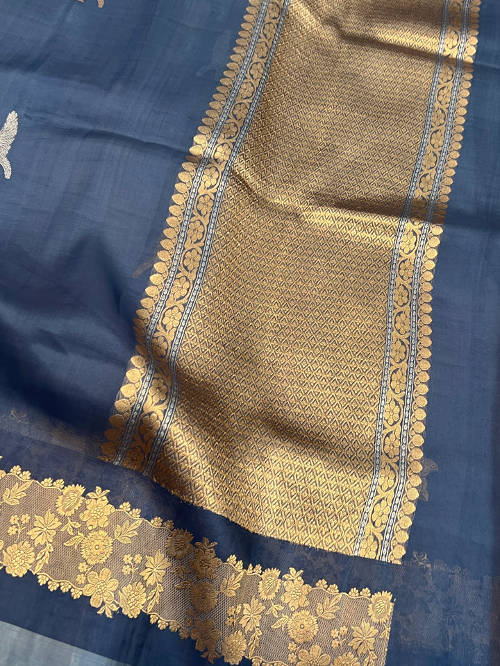 Sage Blue Pure Kora Silk Handloom Banarasi Saree