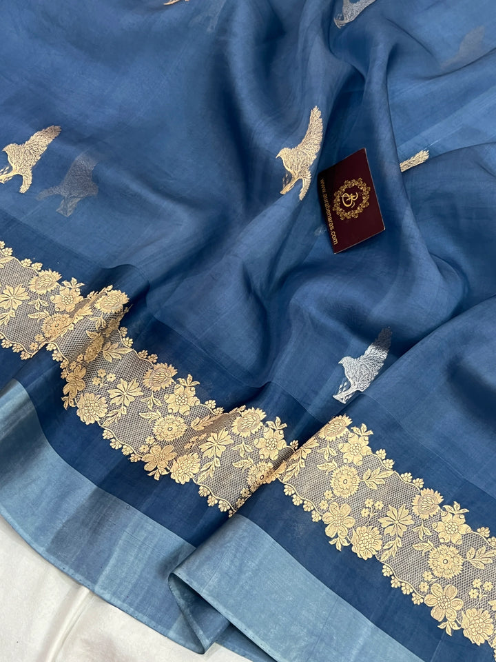 Sage Blue Pure Kora Silk Handloom Banarasi Saree