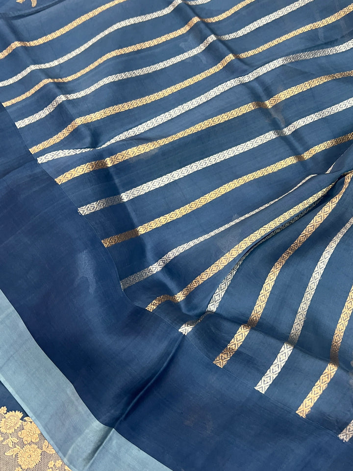 Sage Blue Pure Kora Silk Handloom Banarasi Saree