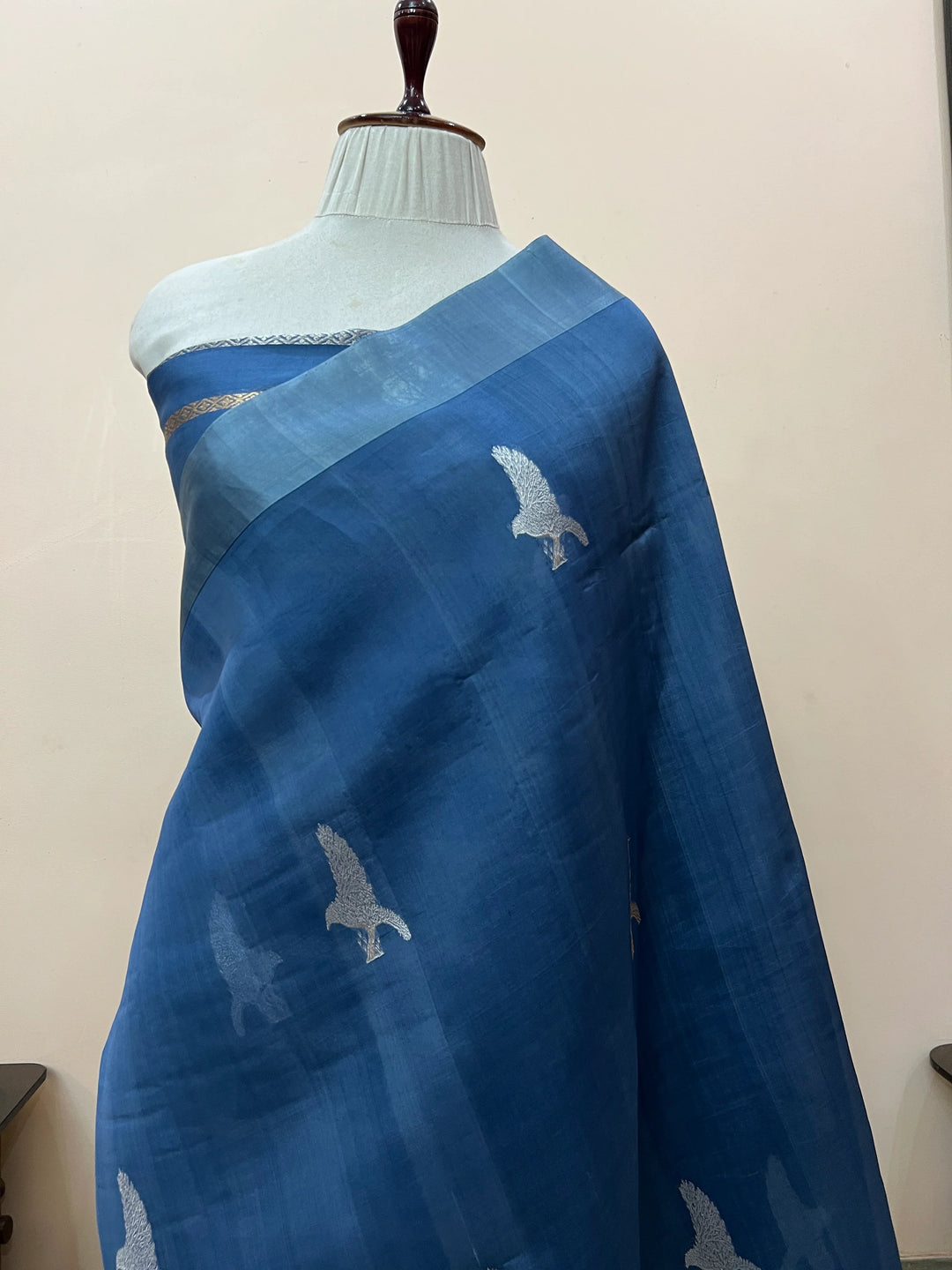 Sage Blue Pure Kora Silk Handloom Banarasi Saree