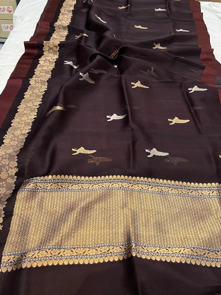 Coffee Brown Pure Kora Silk Handloom Banarasi Saree